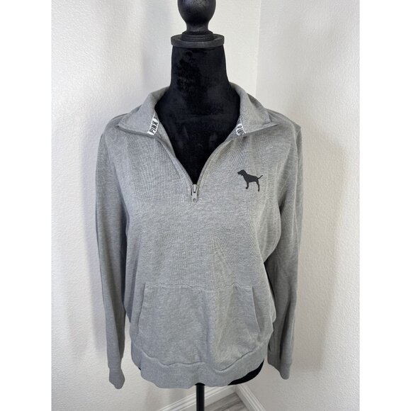 Victorias Secret PINK Womens Half-Zip Pullover Sweatshirt Size L Gray Cotton Ble - Picture 1 of 6